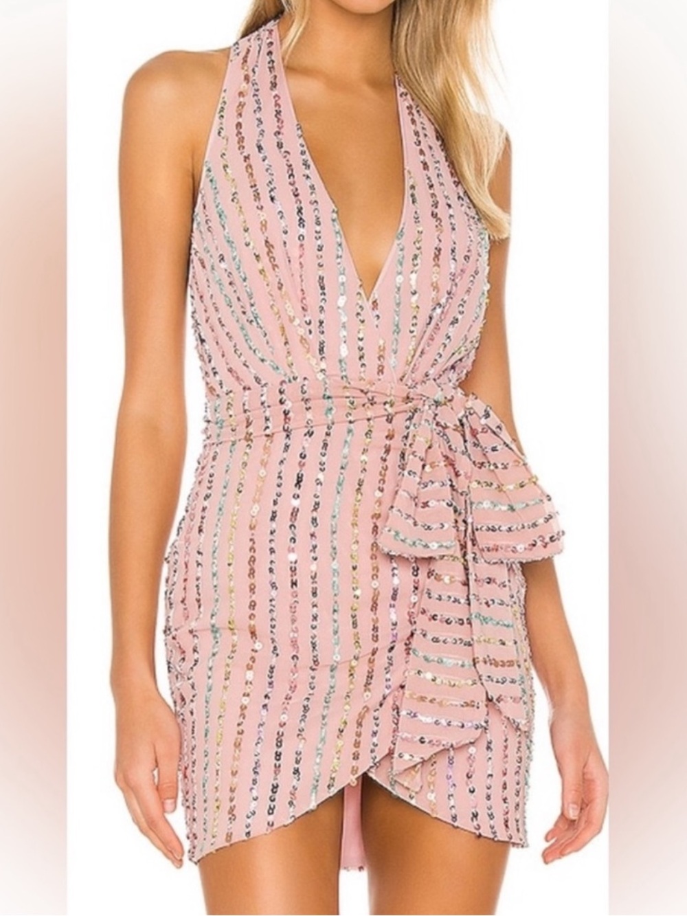 NBD Blush Pink Sequin Wrap Mini Dress